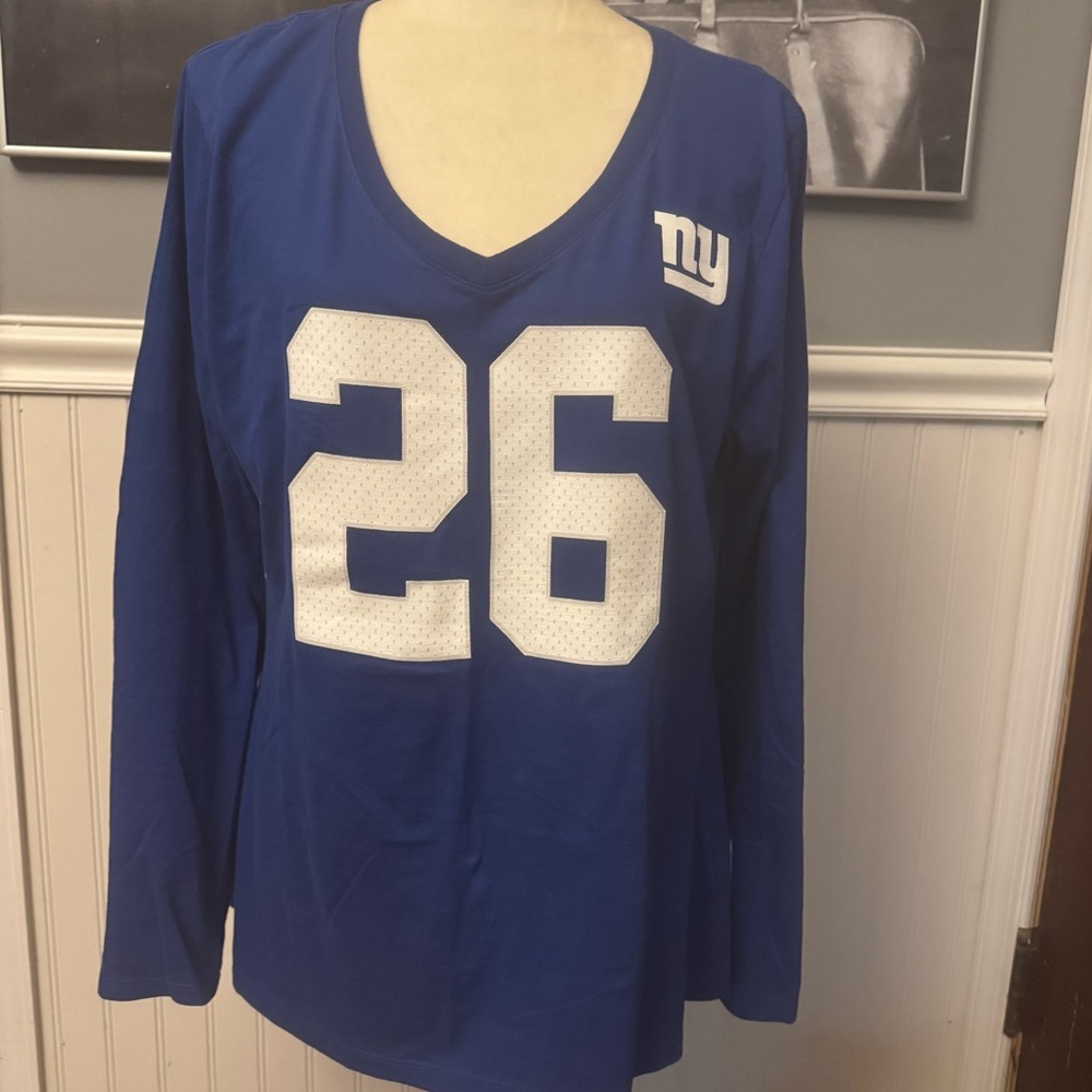 Fanatics NY Giants Saquon Barkley Blue Long Sleeve Cotton Tshirt VNeck Sz Large